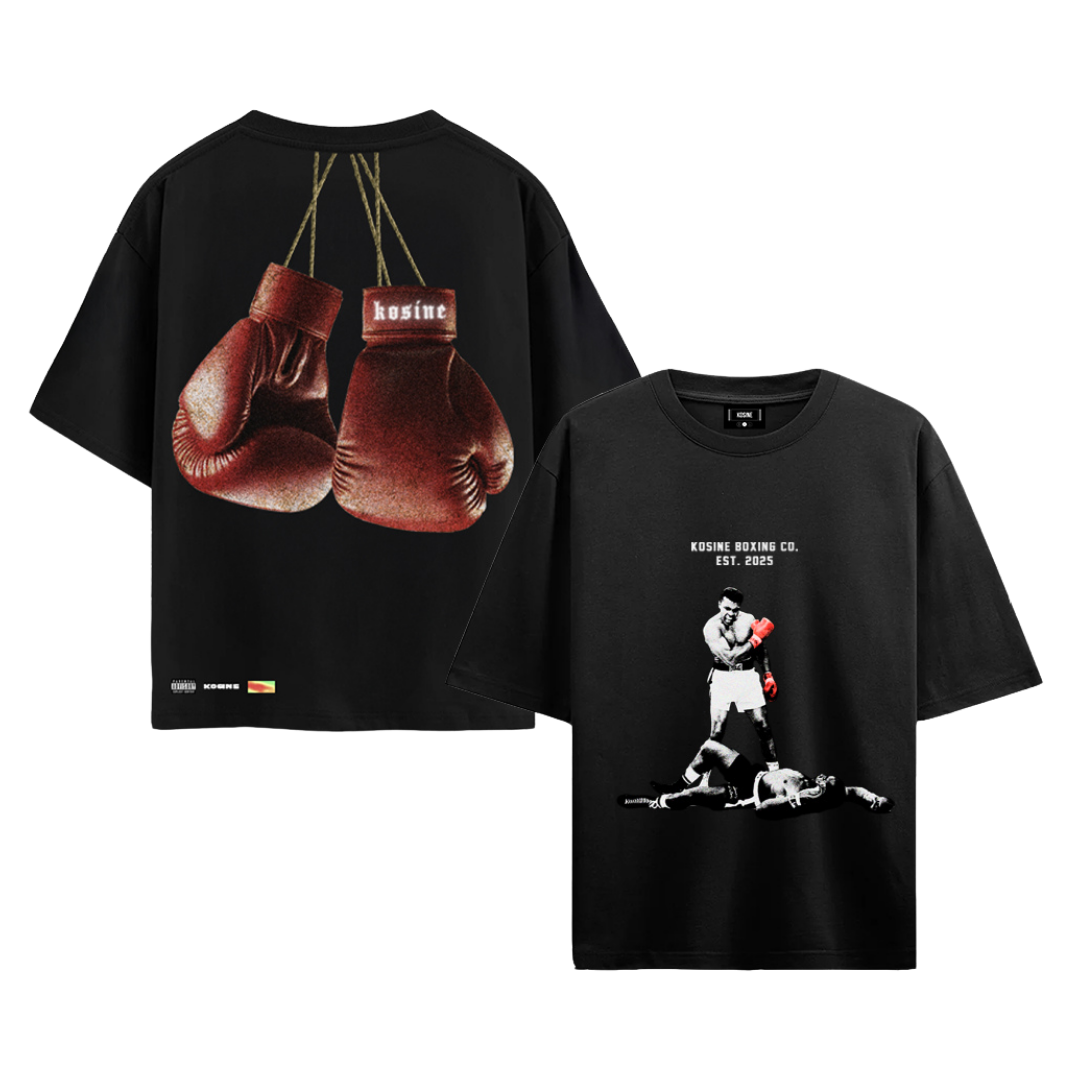 Black t-shirt with boxing glove design on front and back