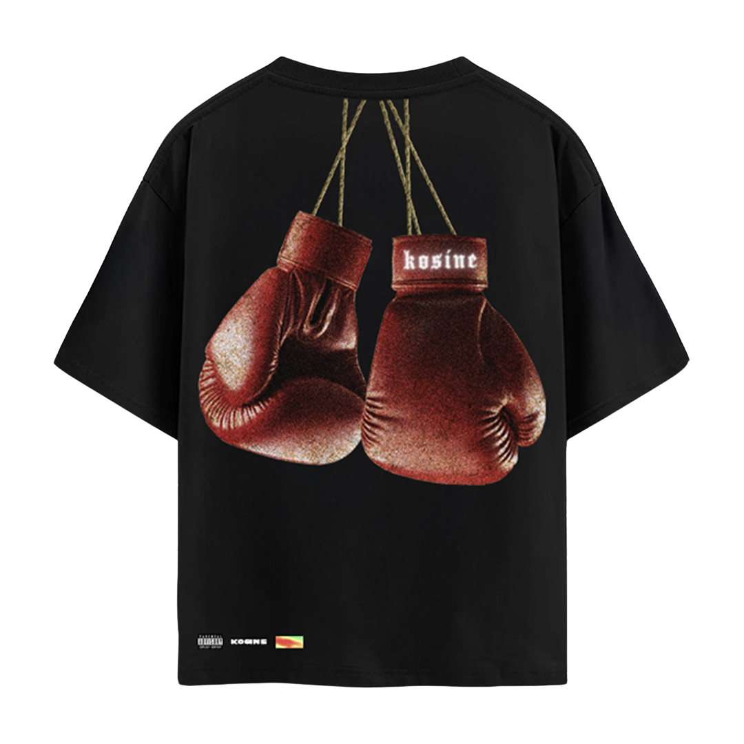 Black t-shirt with vintage boxing gloves graphic on the back, brand 'kosine' visible.