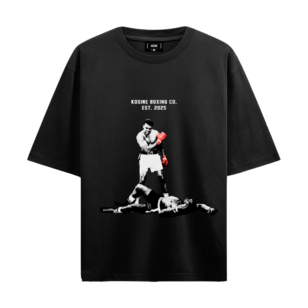 Black t-shirt with boxing graphic and text on a white background