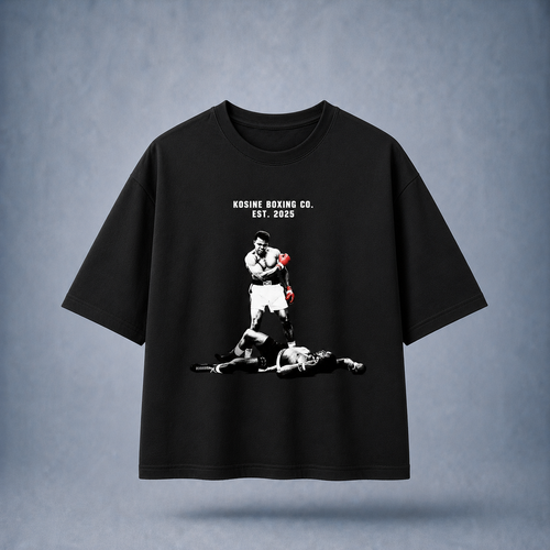 Black t-shirt with boxing graphic and text on a white background